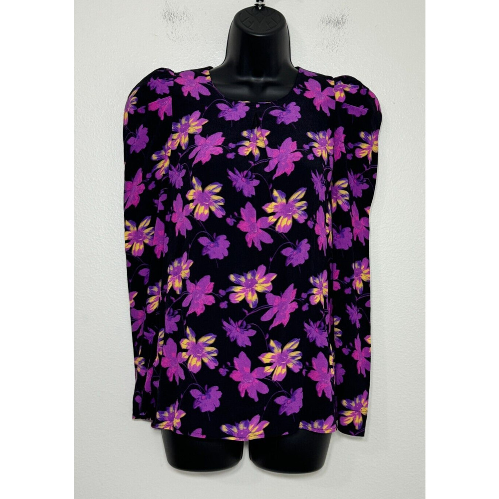 Maje Floral Blouse Womens Large Long Sleeve Top Puff Shoulder Career Feminine - Picture 3 of 15
